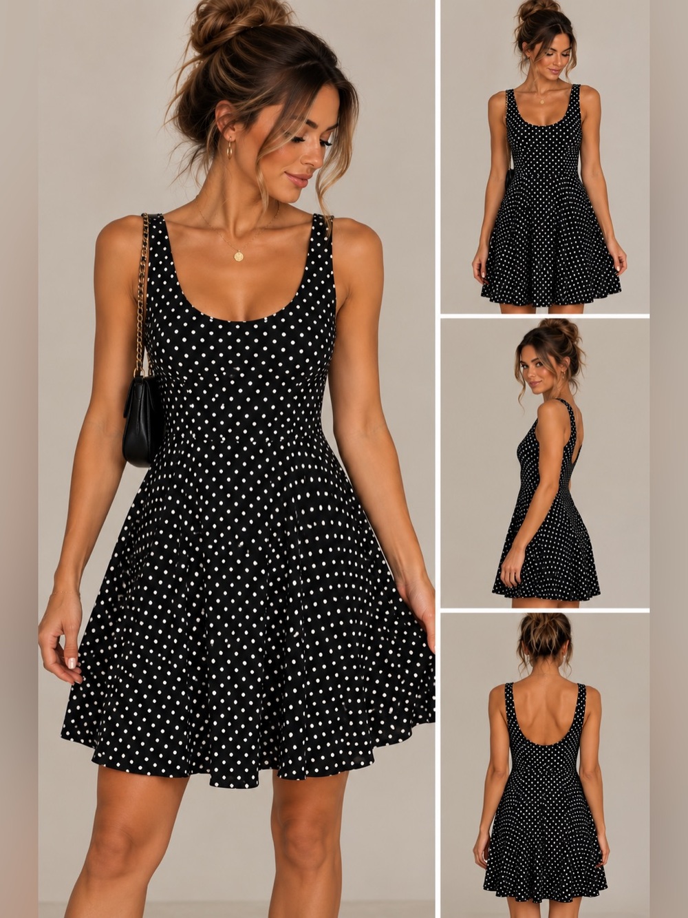 Free People Black & White Polka Dot Scoop Neck Fit-and-Flare Dress